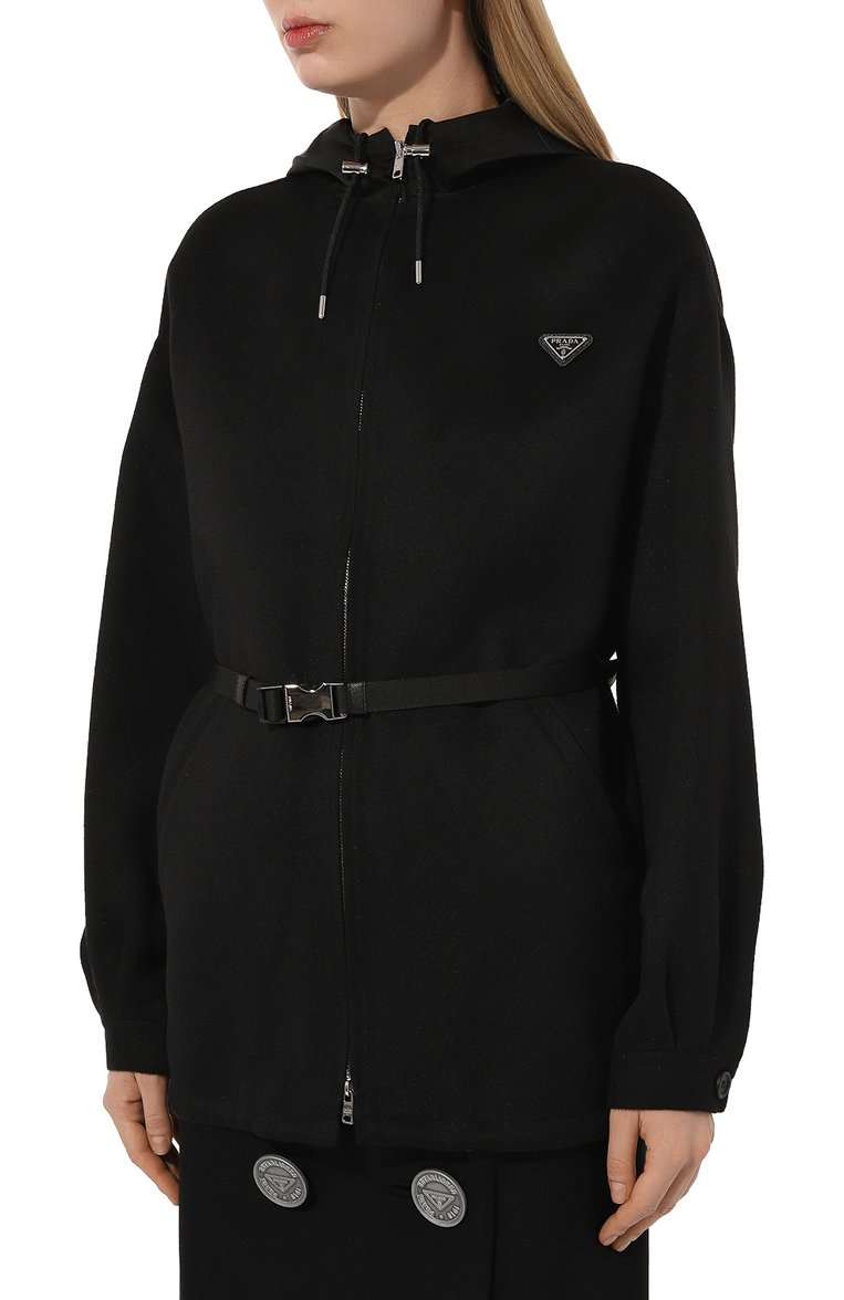 Женская шерстяная куртка PRADA черного цвета, арт. P609PH-1ZWN-F0002-221 | Фото 3 (Рукава: Длинные; Материал внешний: Шерсть; Длина (верхняя одежда): Короткие; Кросс-КТ: Куртка, Легкие; Стили: Кэжуэл)
