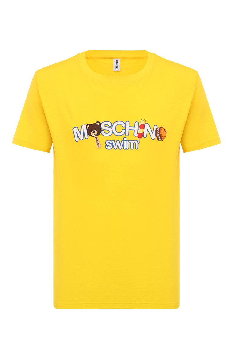 Мужская хлопковая футболка MOSCHINO желтого цвета, арт. A0713/9409 | Фото 1 (Длина (для топов): Стандартные; Материал внешний: Хлопок; Рукава: Короткие; Кросс-КТ: Пляж, Джерси; Принт: С принтом; Стили: Спорт-шик; Мужское Кросс-КТ: Футболка-одежда)