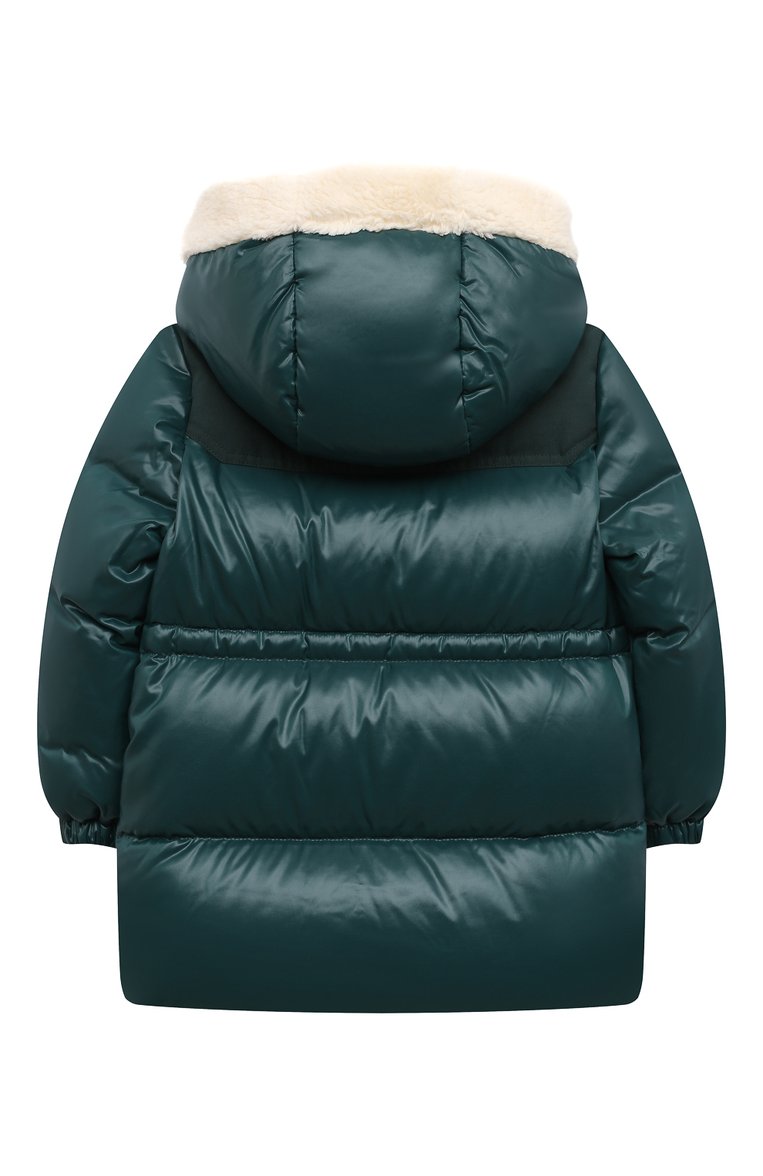 Детского пуховая куртка MONCLER зеленого цвета, арт. H29511C00005 68950 | Фото 2 (Материал внешний: Синтетический материал; Материал подклада: Хлопок; Материал утеплителя: Пух и перо; Кросс-КТ НВ: Куртки; Материал сплава: Проставлено; Нос: Не проставлено; Ростовка одежда: 18 мес | 86 см, 24 мес | 92 см, 36 мес | 98 см)