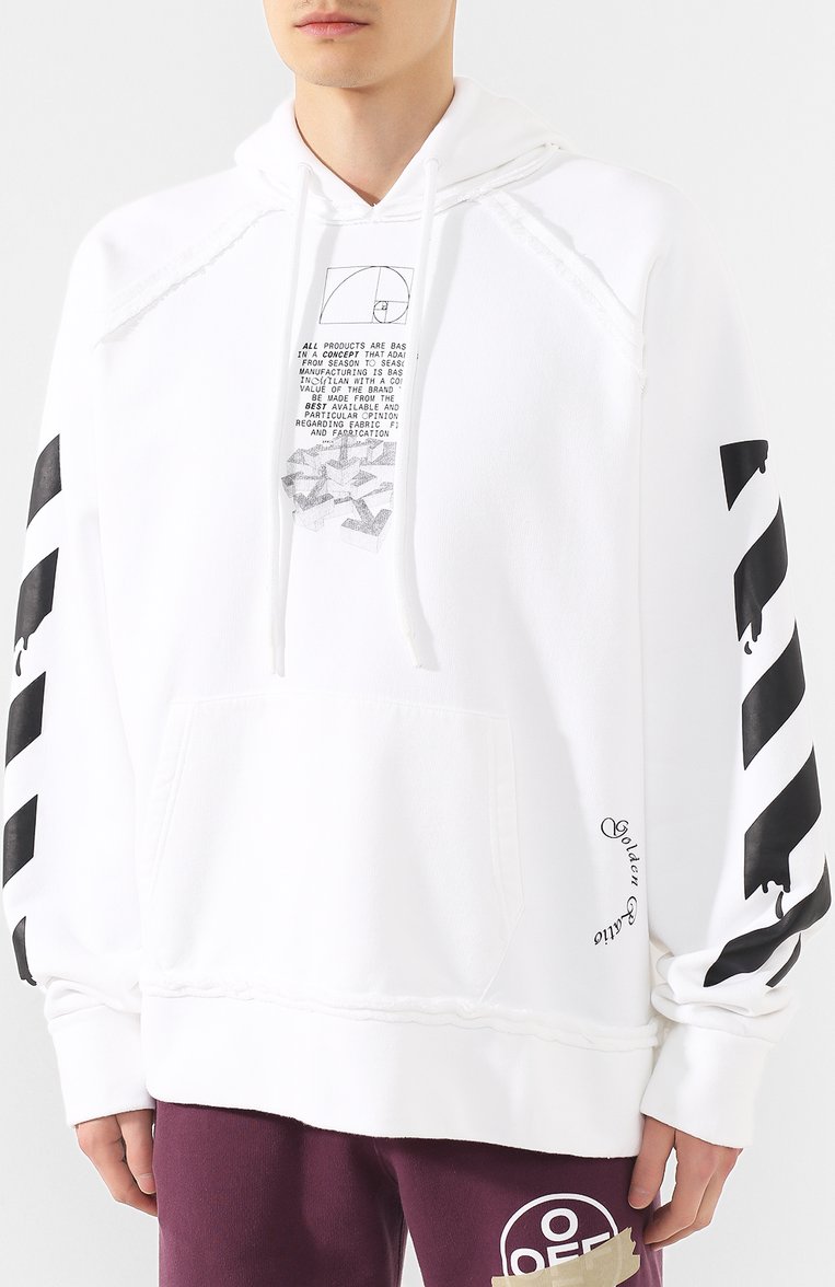 Мужской хлопковое худи OFF-WHITE белого цвета, арт. 0MBB057R20E300050110 | Фото 3 (Рукава: Длинные; Материал внешний: Хлопок; Мужское Кросс-КТ: Худи-одежда; Принт: С принтом; Длина (для топов): Удлиненные; Статус проверки: Проверена категория; Материал сплава: Проставлено; Драгоценные камни: Проставлено; Стили: Кэжуэл)