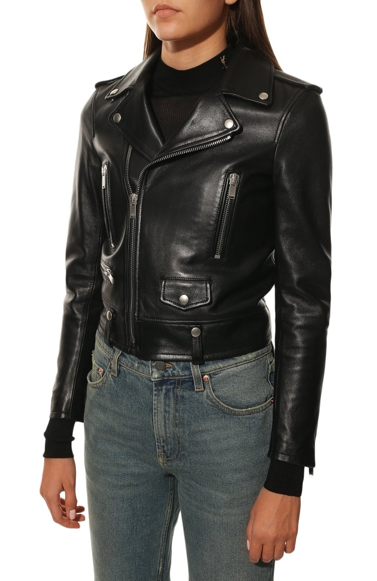 Женская кожаная куртка SAINT LAURENT черного цвета, арт. 481862/Y5YA2 | Фото 3 (Рукава: Длинные; Материал подклада: Купро; Женское Кросс-КТ: Замша и кожа; Длина (верхняя одежда): Короткие; Кросс-КТ: Куртка, Утепленные; Материал внешний: Натуральная кожа; Ювелирные украшения: Назначено)