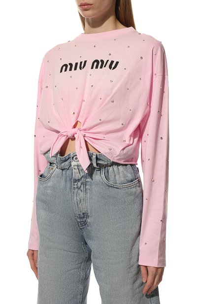 Хлопковый лонгслив MIU MIU светло-розового цвета по цене 130000 руб., арт. MJL763-1ZFS-F0028, фото 3 Хлопковый лонгслив MIU MIU, арт. MJL763-1ZFS-F0028, фото 3