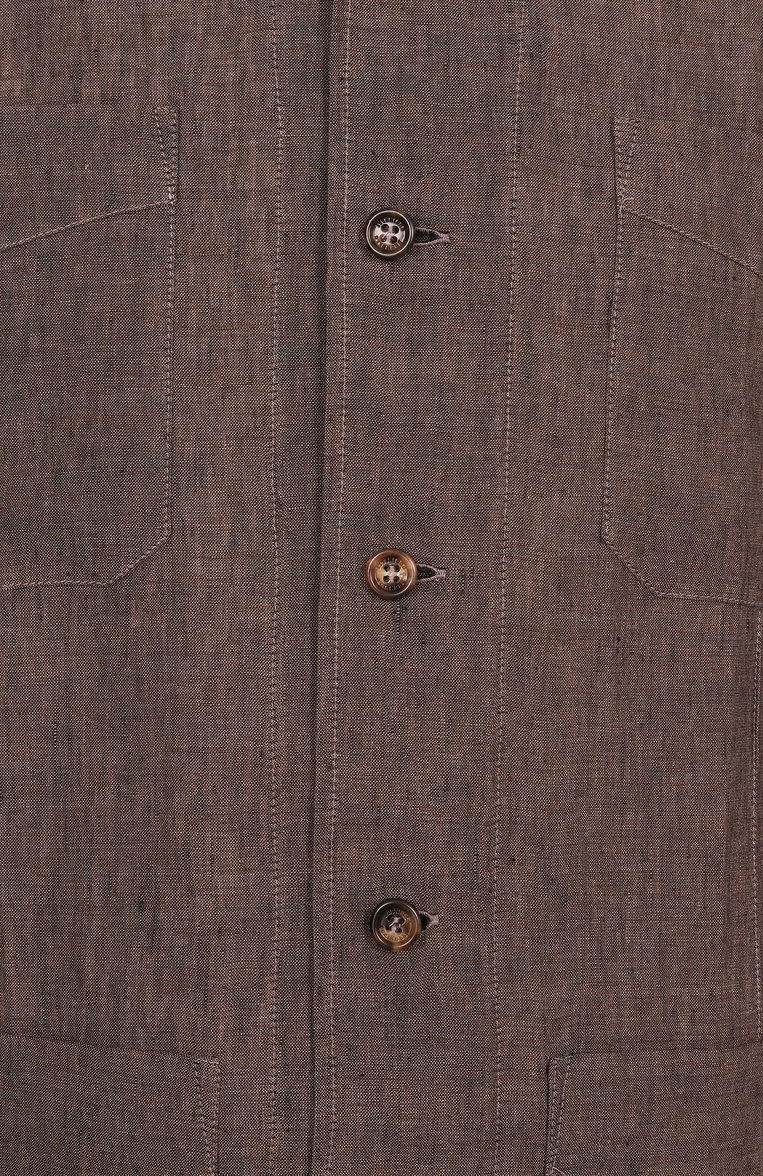 Мужская льняная рубашка BRUNELLO CUCINELLI коричневого цвета, арт. MM6950648 | Фото 6 (Рукава: Длинные; Длина (для топов): Стандартные; Материал внешний: Лен; Воротник: Кент; Принт: Однотонные; Случай: Повседневный; Манжеты: На пуговицах; Стили: Кэжуэл)