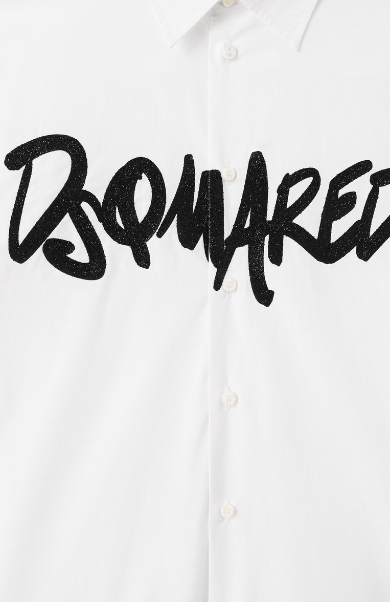 Детская хлопковая рубашка DSQUARED2 белого цвета, арт. DQ2708/D007D | Фото 3 (Драгоценные камни: Проставлено; Рукава: Длинные; Материал сплава: Проставлено; Случай: Повседневный; Материал внешний: Хлопок; Ростовка одежда: 8 лет | 128 см, 16 лет | 164 см, 13 - 15 лет | 158 см, 10 - 11 лет | 140 - 146см)