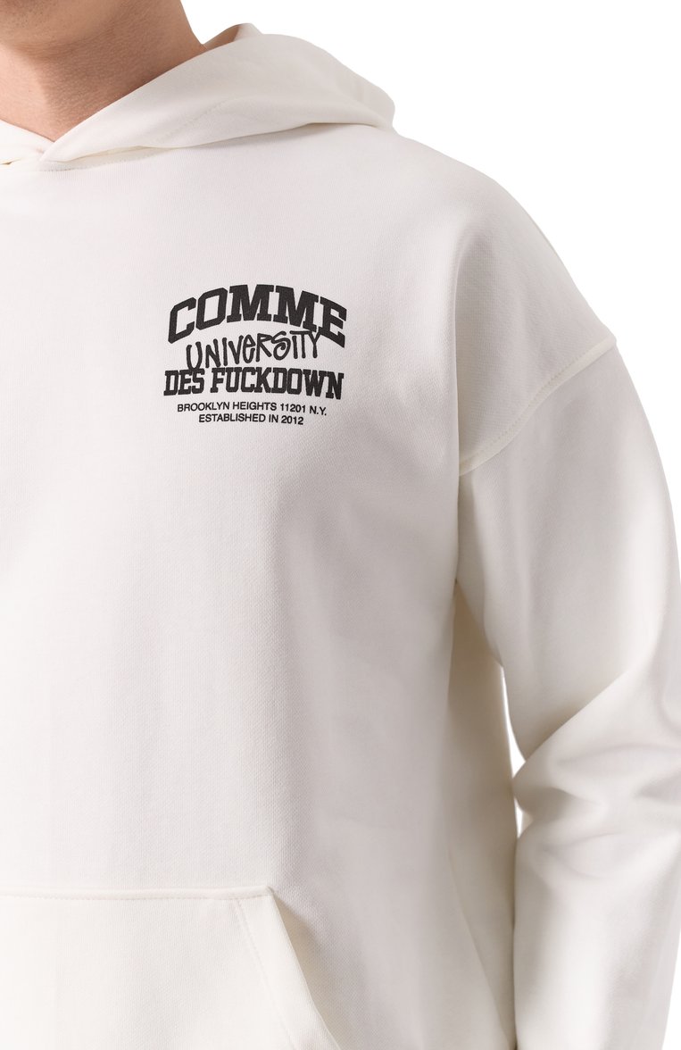 Мужской хлопковое худи COMME DES FUCKDOWN белого цвета, арт. CFABM01620 | Фото 5 (Длина (для топов): Стандартные; Материал внешний: Хлопок; Рукава: Длинные; Мужское Кросс-КТ: Худи-одежда; Стили: Спорт-шик; Принт: С принтом)