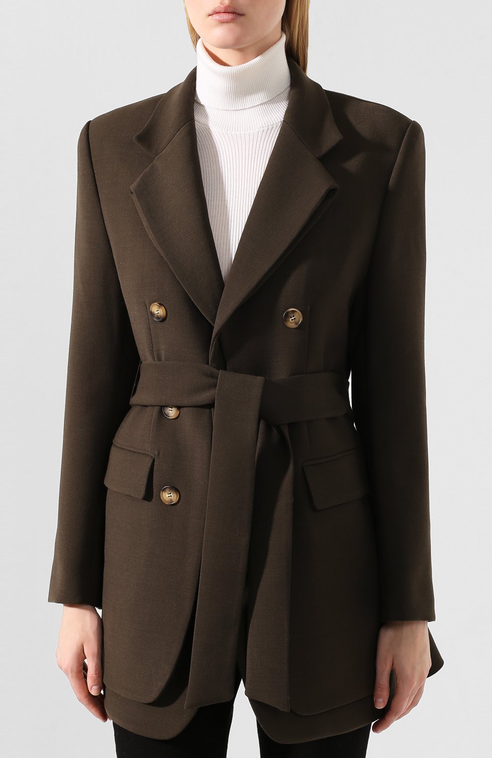 Жакет с поясом REJINA PYO хаки цвета по цене 59950 руб., арт. B085/W00L D0UBLE-FACE TWILL, фото 3 Жакет с поясом REJINA PYO, арт. B085/W00L D0UBLE-FACE TWILL, фото 3