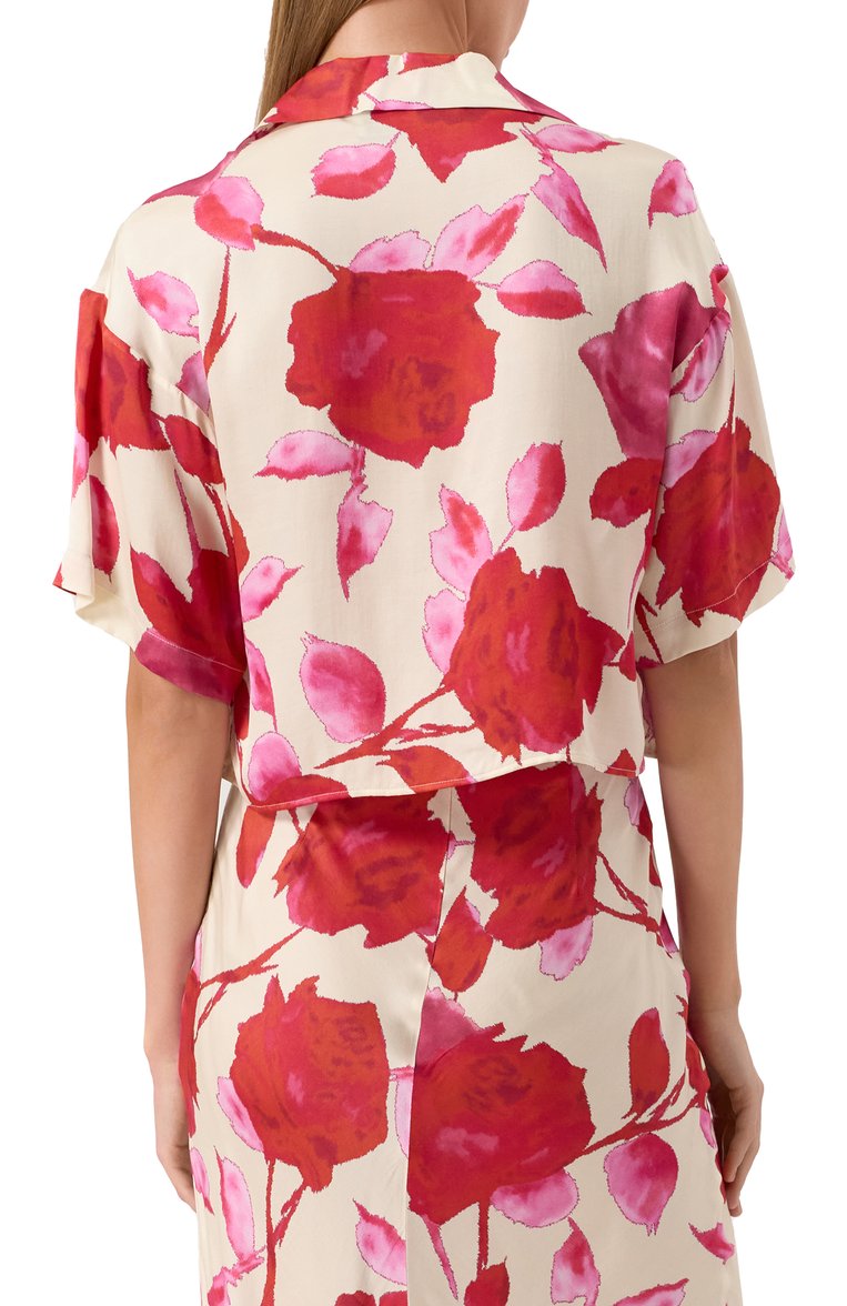 Женская блузка из вискозы BLUMARINE красного цвета, арт. P522C353A | Фото 4 (Материал внешний: Вискоза; Драгоценные камни: Проставлено; Длина (для топов): Укороченные; Материал сплава: Проставлено; Рукава: Короткие; Принт: С принтом; Кросс-КТ: костюм; Женское Кросс-КТ: Блуза-одежда; Стили: Романтичный)