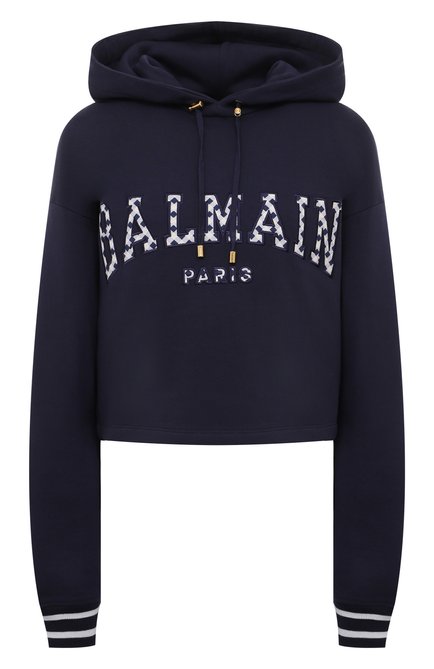 Женский хлопковое худи BALMAIN синего цвета, арт. DF0JP033/BC83 | Фото 1 (Материал внешний: Хлопок; Драгоценные камни: Проставлено; Длина (для топов): Стандартные; Рукава: Длинные; Материал сплава: Проставлено)