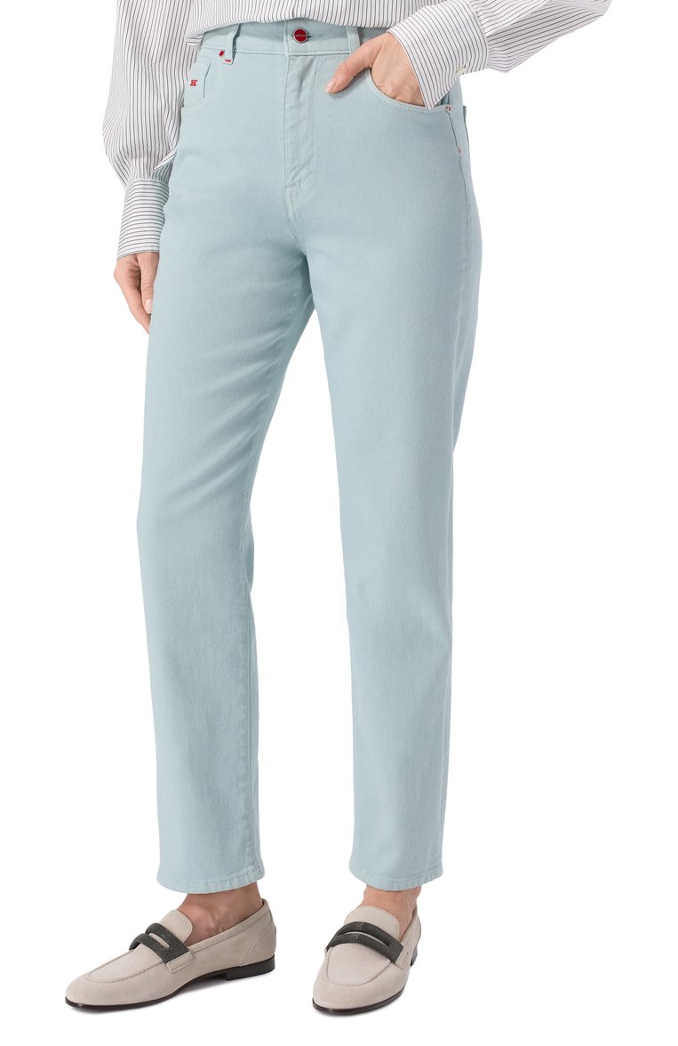 Женские джинсы KITON бирюзового цвета, арт. DJ54101K0928F01 | Фото 3 (Материал внешний: Хлопок, Деним; Длина (брюки, джинсы): Стандартные; Силуэт Ж (брюки и джинсы): Слим; Кросс-КТ: Деним; Стили: Кэжуэл)