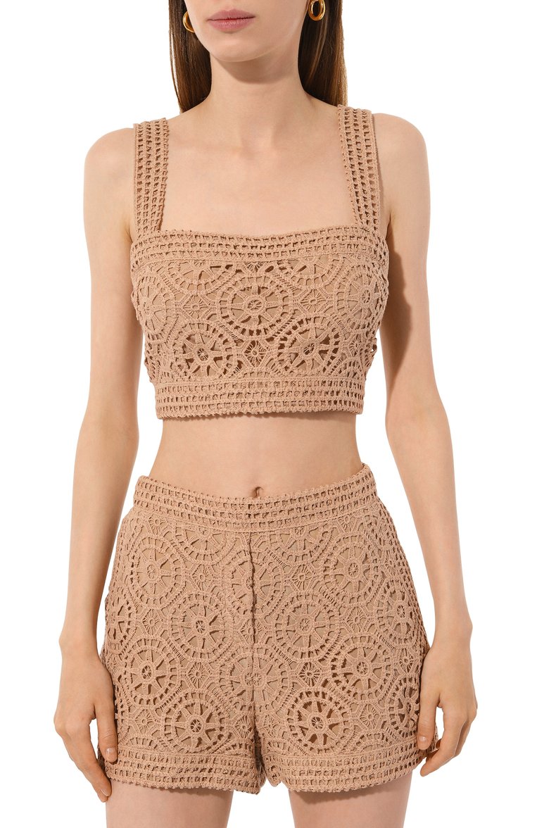 Женский топ из хлоп�ка и шелка ELIE SAAB бежевого цвета, арт. T0078N | Фото 3 (Материал внешний: Хлопок; Длина (для топов): Укороченные; Стили: Этно; Рукава: На бретелях)