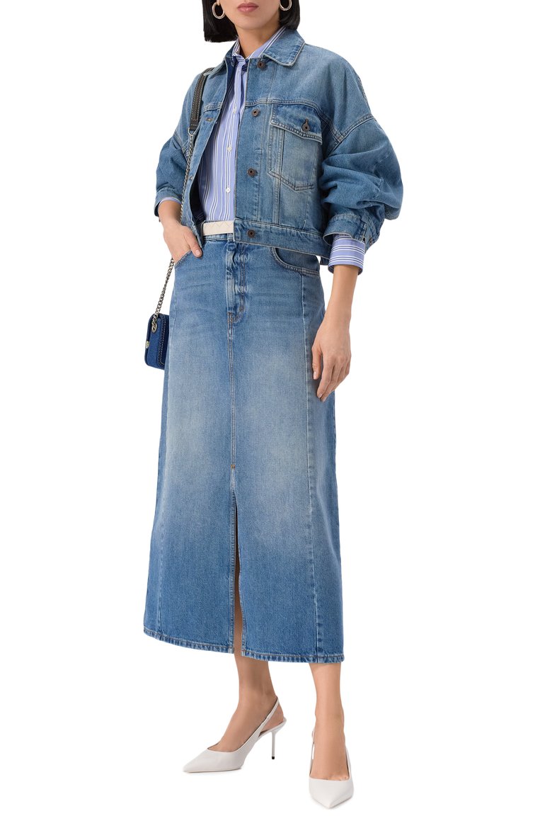 Женская джинсовая куртка WEEKEND MAX MARA голубого цвета, арт. FIUMANA | Фото 2 (Рукава: Длинные; Материал внешний: Хлопок, Деним; Длина (верхняя одежда): Короткие; Автоматизация состава: Проставлено; Автоматизация ТО: Проставлено; Кросс-КТ: Деним, Куртка, Легкие; Стили: Кэжуэл)