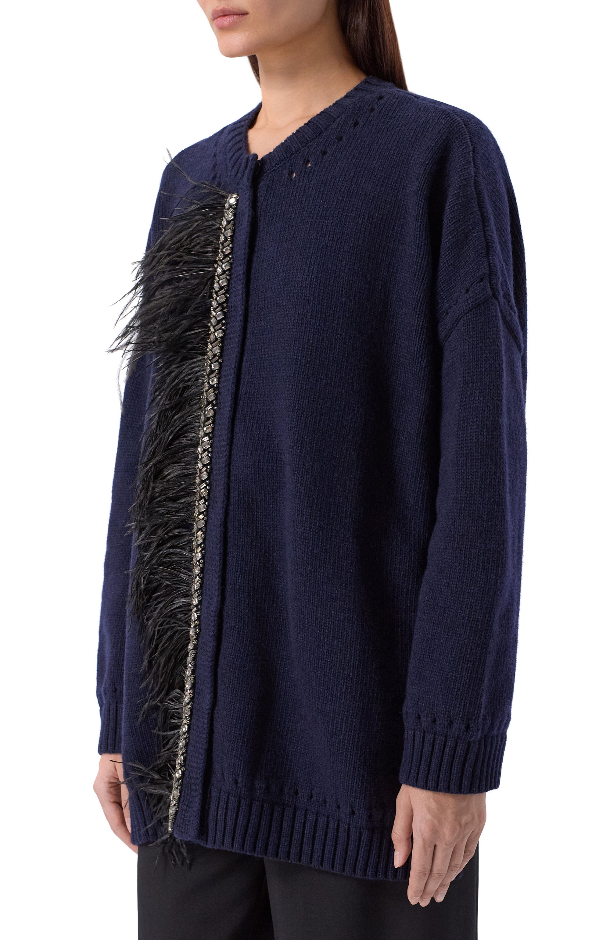 Шерстяной кардиган с отделкой перьями DICE KAYEK, арт. PF25K80600 LUN NAVY, фото 3