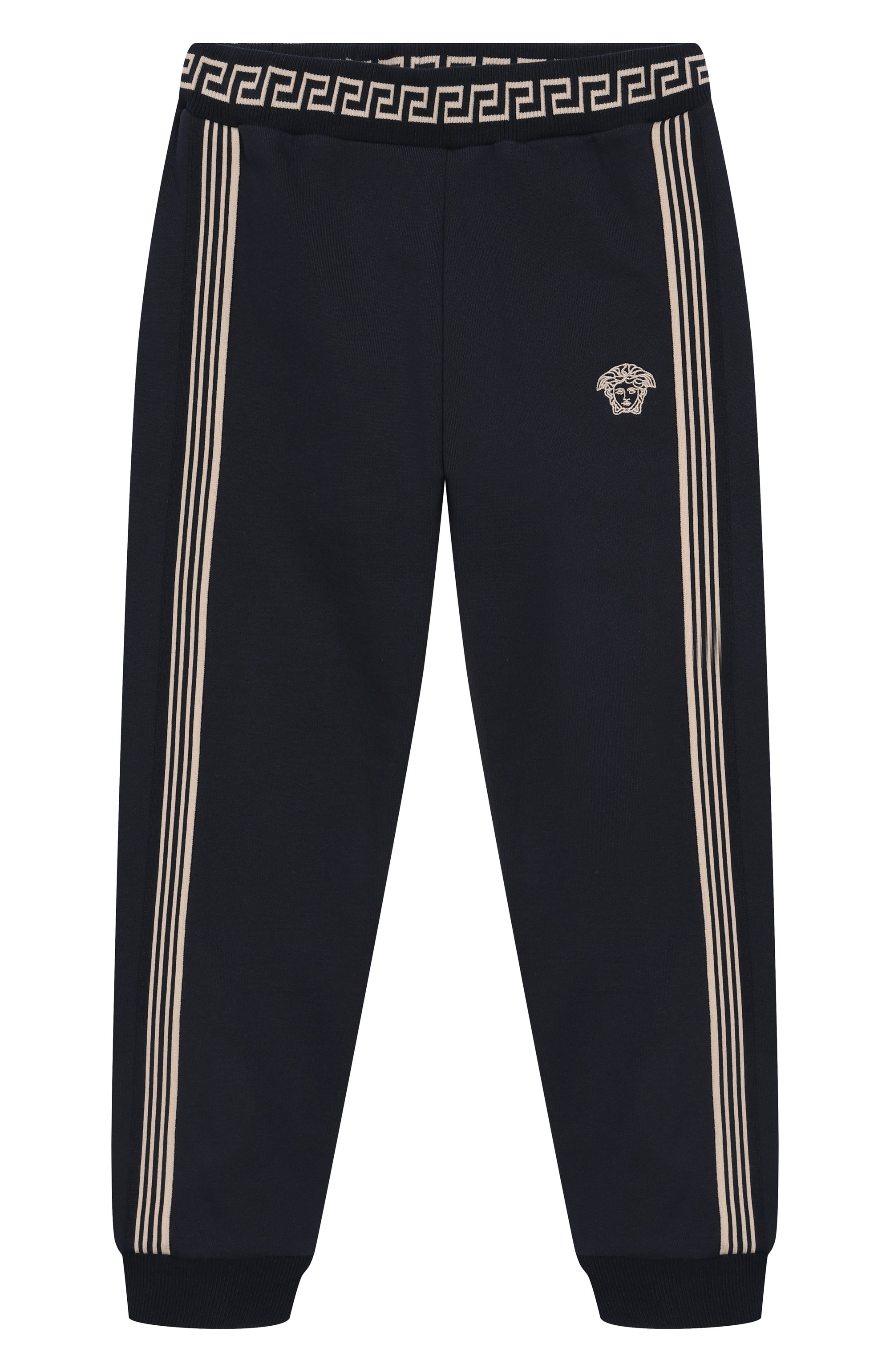 Хлопковые джоггеры VERSACE темно-синего цвета по цене 29950 руб., арт. 1018290/1A11652/8A-14A, фото 1 Хлопковые джоггеры VERSACE, арт. 1018290/1A11652/8A-14A, фото 1