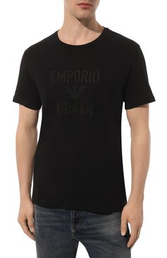 Мужская хлопковая футболка EMPORIO ARMANI черного цвета, арт. 211818/4R485 | Фото 3 (Длина (для топов): Стандартные; Рукава: Короткие; Материал внешний: Лен, Хлопок; Материал сплава: Проставлено; Драгоценные камни: Проставлено; Принт: С принтом; Стили: Кэжуэл; Мужское Кросс-КТ: Футболка-одежда; Кросс-КТ: Джерси)
