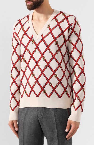 Шерстяной пуловер GUCCI бежевого цвета по цене 89950 руб., арт. 595516/XKA0Z, фото 3 Шерстяной пуловер GUCCI, арт. 595516/XKA0Z, фото 3
