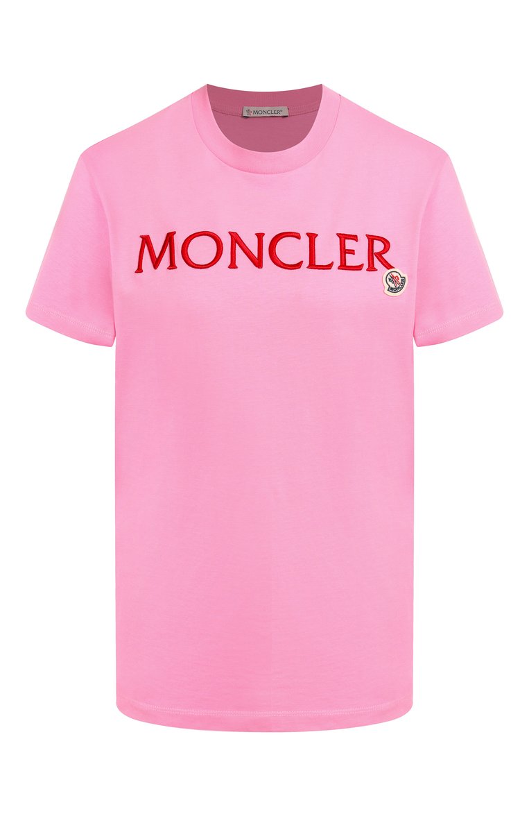 Женская хлопковая футболка MONCLER розового цвета, арт. 8C00009/829HP | Фото 1 (Длина (для топов): Стандартные; Рукава: Короткие; Материал внешний: Хлопок; Принт: С принтом; Стили: Кэжуэл)