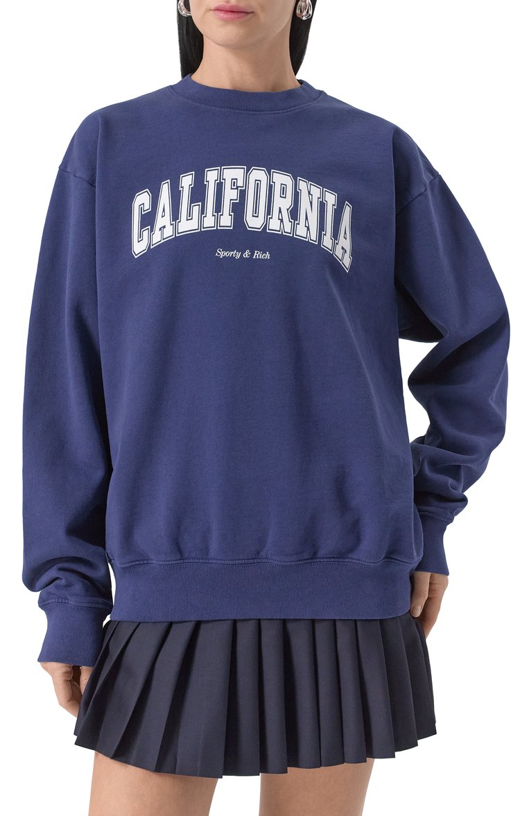 Женский хлопковый свитшот SPORTY AND RICH темно-синего цвета, арт. ST071516501BL32 | Фото 3 (Рукава: Длинные; Длина (для топов): Стандартные; Стили: Спорт-шик; Женское Кросс-КТ: Свитшот-одежда; Материал внешний: Хлопок)