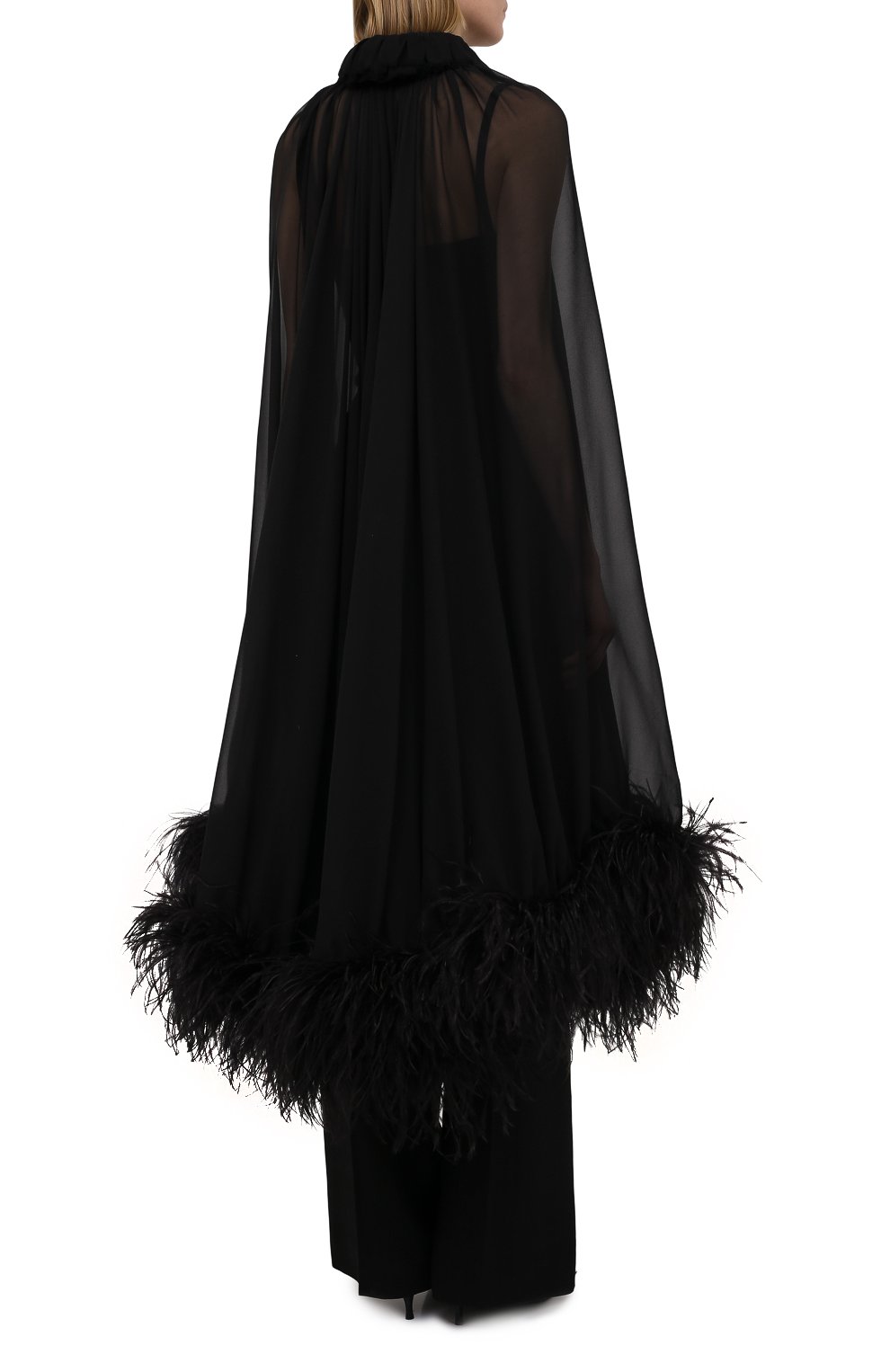 Шелковая накидка с отделкой перьями SAINT LAURENT черного цвета по цене 463500 руб., арт. 659131/Y115W, фото 4 Шелковая накидка с отделкой перьями SAINT LAURENT, арт. 659131/Y115W, фото 4