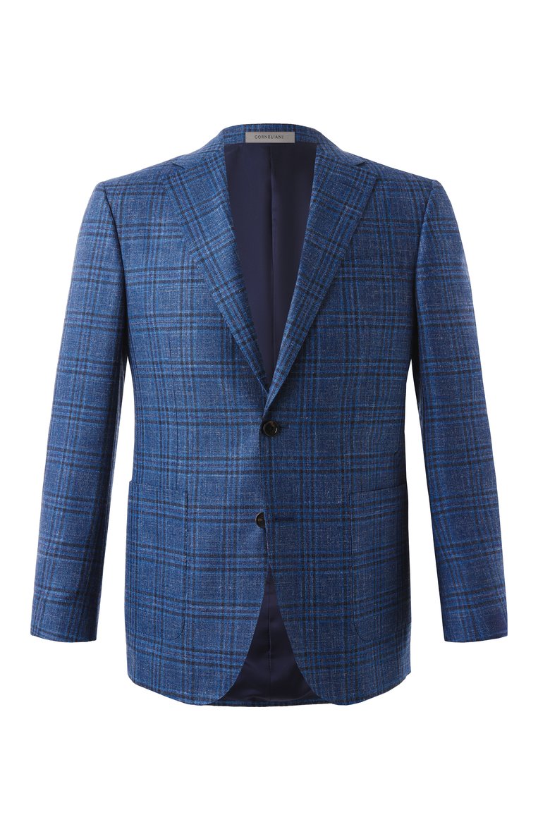 Мужской пиджак из шерсти и шелка CORNELIANI синего цвета, арт. 256018-2516200 | Фото 1 (Материал внешний: Шерсть; Рукава: Длинные; Драгоценные камни: Проставлено; Длина (для топов): Стандартные; Материал сплава: Проставлено; Случай: Повседневный; Пиджаки М: Приталенный; Стили: Кэжуэл; 1-2-бортные: Однобортные)