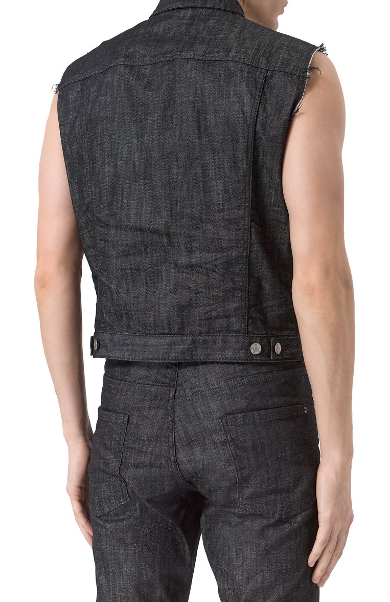 Мужской джинсовый жилет DSQUARED2 черного цвета, арт. S71FB0488/S30357 | Фото 4 (Драгоценные камни: Проставлено; Материал сплава: Проставлено; Длина (верхняя одежда): Короткие; Материал внешний: Деним, Хлопок; Кросс-КТ: Деним; Стили: Гранж)