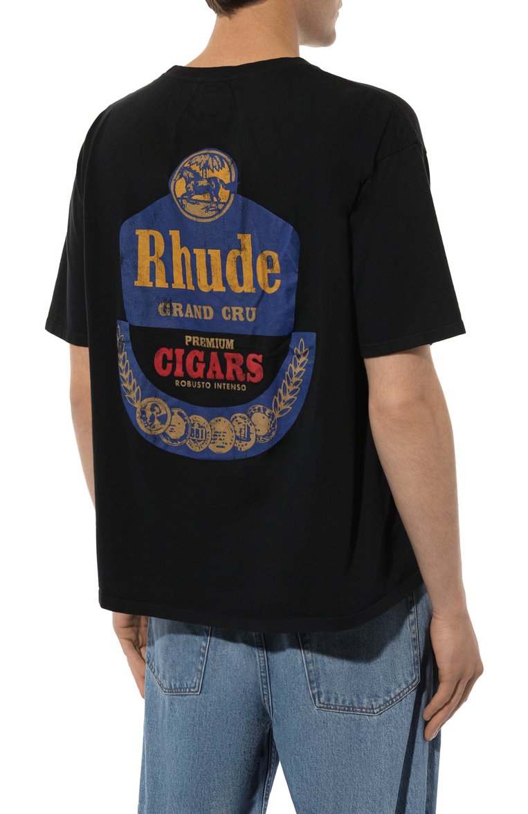 Мужская хлопковая футболка RHUDE черного цвета, арт. RHSS24TT07012610 | Фото 4 (Материал сплава: Проставлено; Длина (для топов): Стандартные; Драгоценные камни: Проставлено; Материал внешний: Хлопок; Рукава: Короткие; Принт: С принтом; Стили: Спорт-шик; Мужское Кросс-КТ: Футболка-одежда; Кросс-КТ: Джерси)