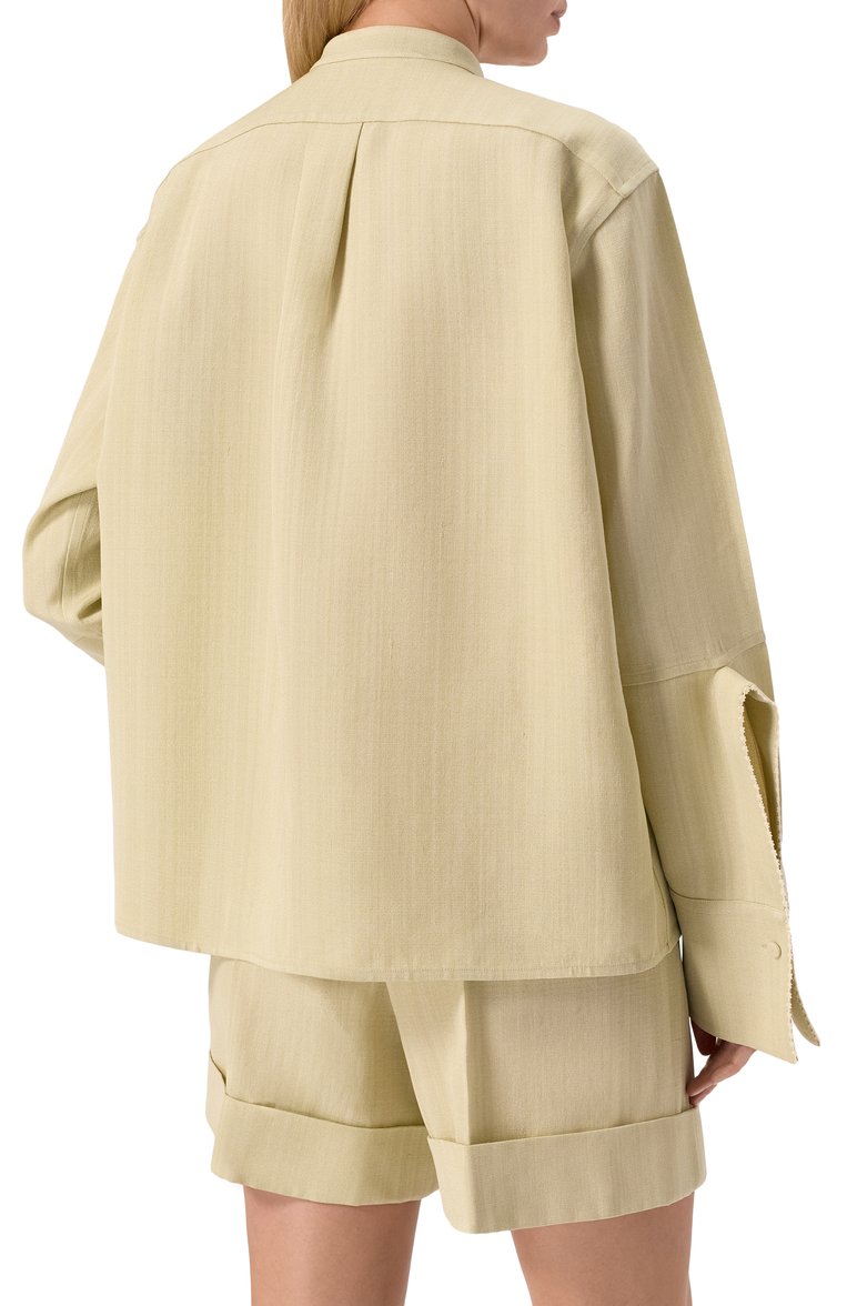 Женская рубашка из вискозы и шелка JIL SANDER зеленого цвета, арт. J02DL0231-J65005 | Фото 4 (Автоматизация состава: Проставлено; Материал внешний: Шелк, Вискоза; Рукава: Длинные; Длина (для топов): Стандартные; Автоматизация ТО: Проставлено; Кросс-КТ: костюм; Женское Кросс-КТ: Рубашка-одежда; Принт: Без принта; Стили: Классический; Детали: Декор)