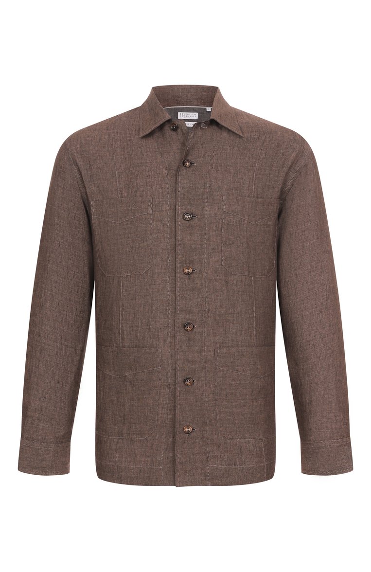 Мужская льняная рубашка BRUNELLO CUCINELLI коричневого цвета, арт. MM6950648 | Фото 1 (Рукава: Длинные; Длина (для топов): Стандартные; Материал внешний: Лен; Воротник: Кент; Принт: Однотонные; Случай: Повседневный; Манжеты: На пуговицах; Стили: Кэжуэл)