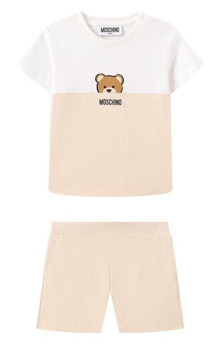 Детский комплект из футболки и шорт MOSCHINO светло-бежевого цвета, арт. MUG01K/LAA27 | Фото 1 (Материал сплава: Проставлено; Нос: Не проставлено)