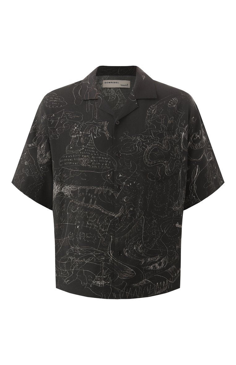 Мужская рубашка из вискозы DOMREBEL черного цвета, арт. UT0PIA/CAMP C0LLAR SHIRT | Фото 1 (Материал сплава: Проставлено; Драгоценные камни: Проставлено; Длина (для топов): Стандартные; Материал внешний: Вискоза; Стили: Кэжуэл; Случай: Повседневный; Воротник: Отложной; Принт: С принтом; Рукава: Короткие)
