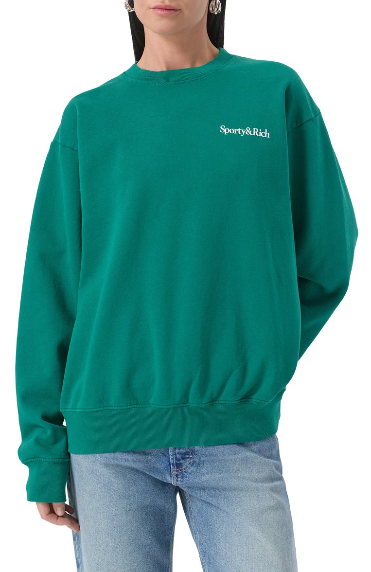 Женский хлопковый свитшот SPORTY AND RICH зеленого цвета, арт. ST071516300GR03 | Фото 3 (Длина (для топов): Стандартные; Рукава: Длинные; Стили: Спорт-шик; Женское Кросс-КТ: Свитшот-одежда; Материал внешний: Хлопок)