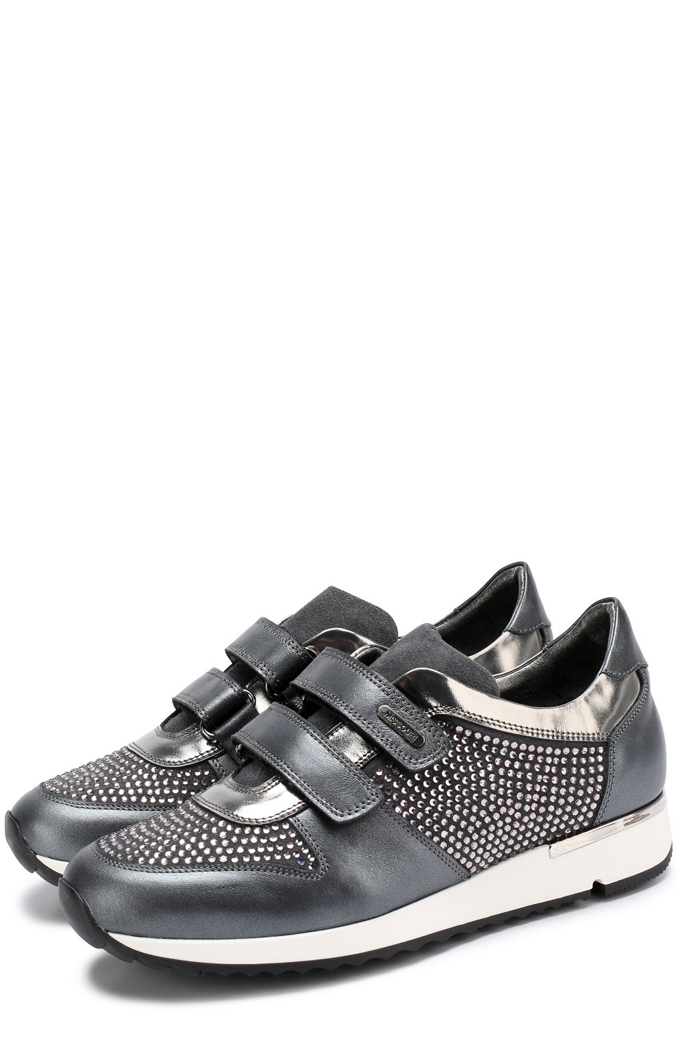 Кожаные кроссовки с замшевой отделкой и стразами на застежках велькро MISSOURI серого цвета по цене 28700 руб., арт. 11567B/35-41, фото 1 Кожаные кроссовки с замшевой отделкой и стразами на застежках велькро MISSOURI, арт. 11567B/35-41, фото 1