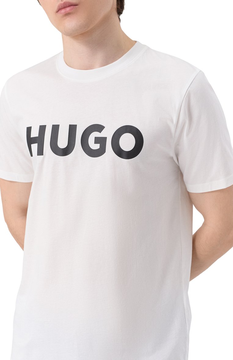 Мужская хлопковая футболка HUGO белого цвета, арт. 50467556 | Фото 5 (Материал внешний: Хлопок; Рукава: Короткие; Принт: С принтом; Стили: Кэжуэл; Длина (для топов): Стандартные; Кросс-КТ: Джерси; Мужское Кросс-КТ: Футболка-одежда)
