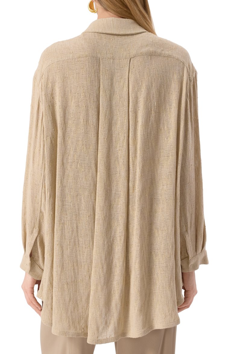 Женская блузка из вискозы и льна GIORGIO ARMANI бежевого цвета, арт. GW000816/TE13970 | Фото 4 (Длина (д�ля топов): Удлиненные; Автоматизация состава: Проставлено; Рукава: Длинные; Материал внешний: Вискоза, Лен; Автоматизация ТО: Проставлено; Женское Кросс-КТ: Блуза-одежда; Детали: Без декора; Принт: Без принта; Стили: Кэжуэл)