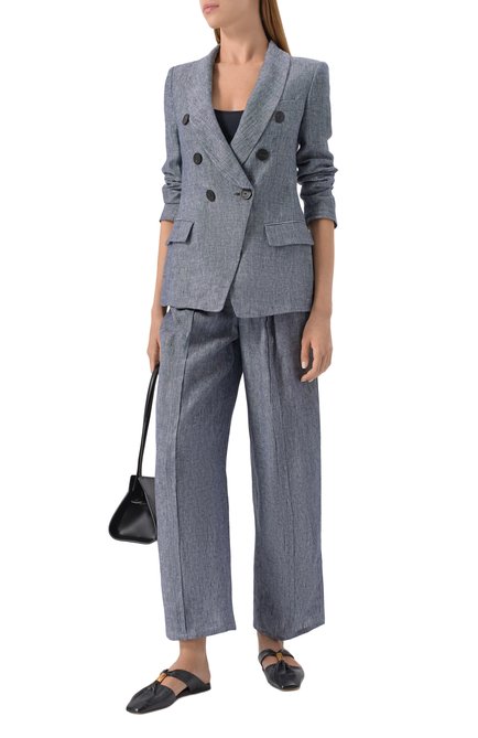 Женский льняной жакет EMPORIO ARMANI синего цвета, арт. EW001558/TE10381 | Фото 2 (Длина (для топов): Стандартные; Драгоценные камни: Проставлено; Материал сплава: Проставлено; Рукава: Длинные; Материал внешний: Лен)