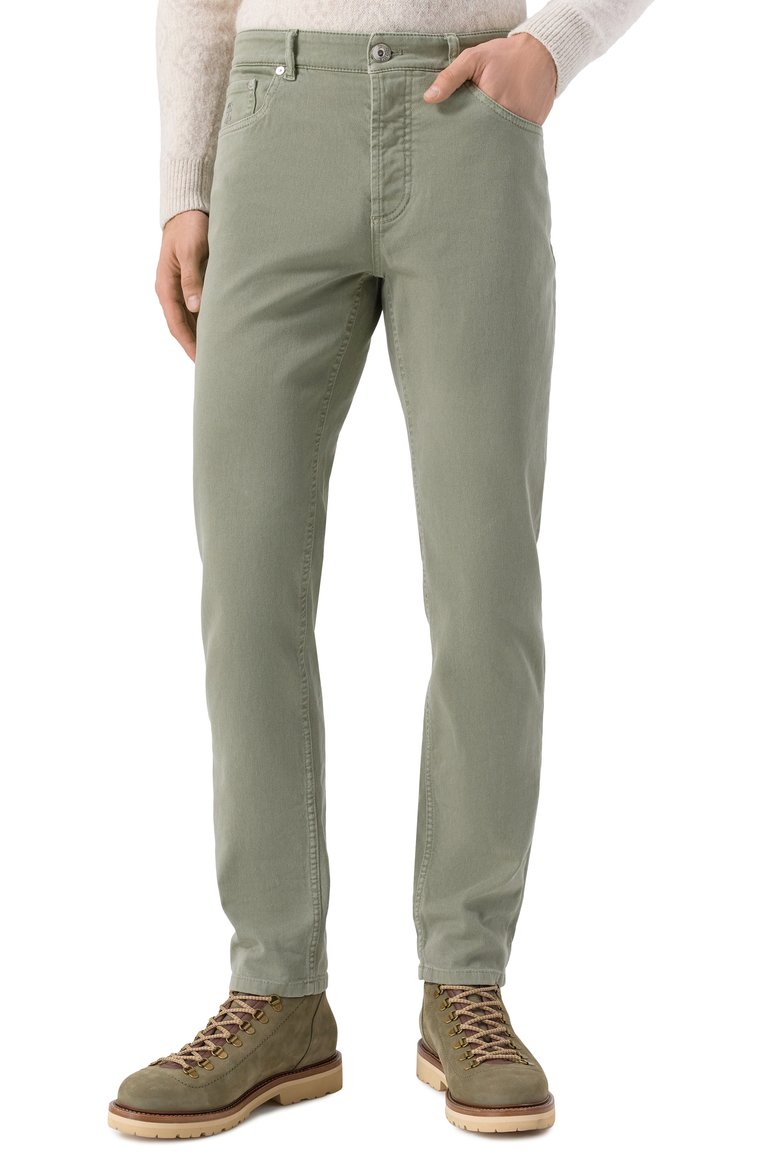 Мужские джинсы traditional fit BRUNELLO CUCINELLI светло-зеленого цвета, арт. M277PD3210 | Фото 3 (Материал внешний: Хлопок, Деним; Длина (брюки, джинсы): Стандартные; Кросс-КТ: Деним; Силуэт М (брюки): Прямые; Стили: Милитари, Повседневный; Автоматизация состава: Проставлено; Автоматизация ТО: Проставлено)