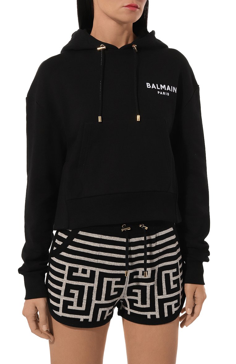 Женский хлопковое худи BALMAIN черного цвета, арт. AF1JP000/BB01 | Фото 3 (Длина (для топов): Стандартные; Материал внешний: Хлопок; Рукава: Длинные; Стили: Спорт-шик; Женское Кросс-КТ: Худи-одежда; Автоматизация состава: Проставлено; Автоматизация ТО: Проставлено)
