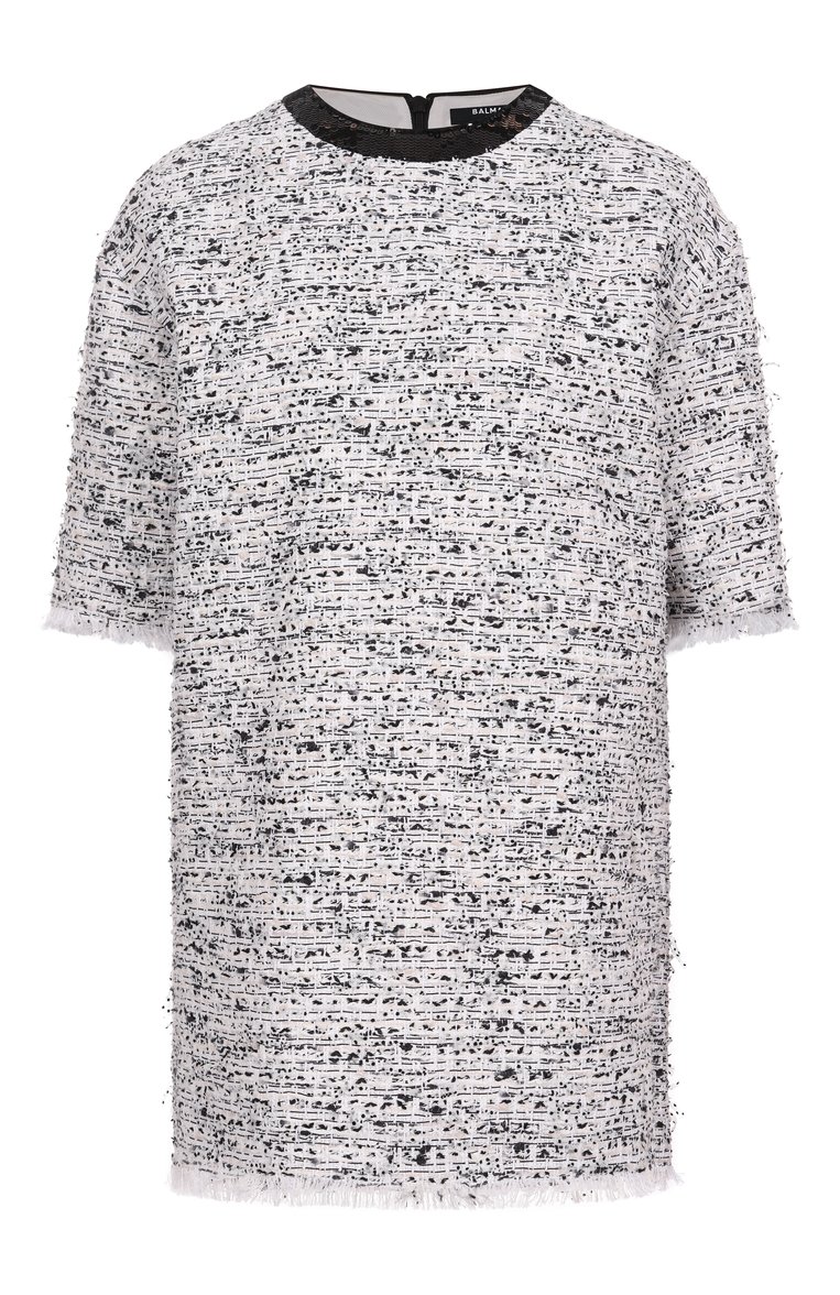 Женский твидовый топ BALMAIN черно-белого цвета, арт. EF1EG117/CF78 | Фото 1 (Рукава: 3/4; Материал внешний: Хлопок; Длина (для топов): Удлиненные; Стили: Кэжуэл; Автоматизация ТО: Проставлено; Материал подклада: Вискоза; Автоматизация состава: Проставлено)