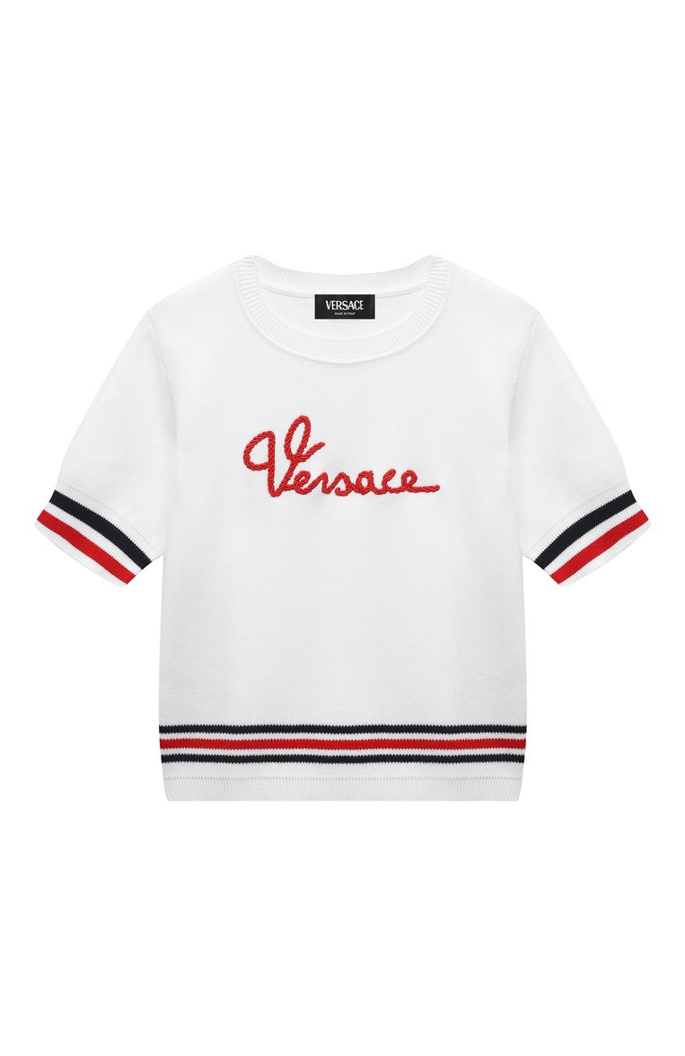 Детский хлопковый пуловер VERSACE белого цвета, арт. 1013777/1A09680/4A-6A | Фото 1 (Девочки Кросс-КТ: Пуловер-одежда; Материал внешний: Хлопок; Рукава: Короткие; Ростовка одежда: 6 лет | 116 см)