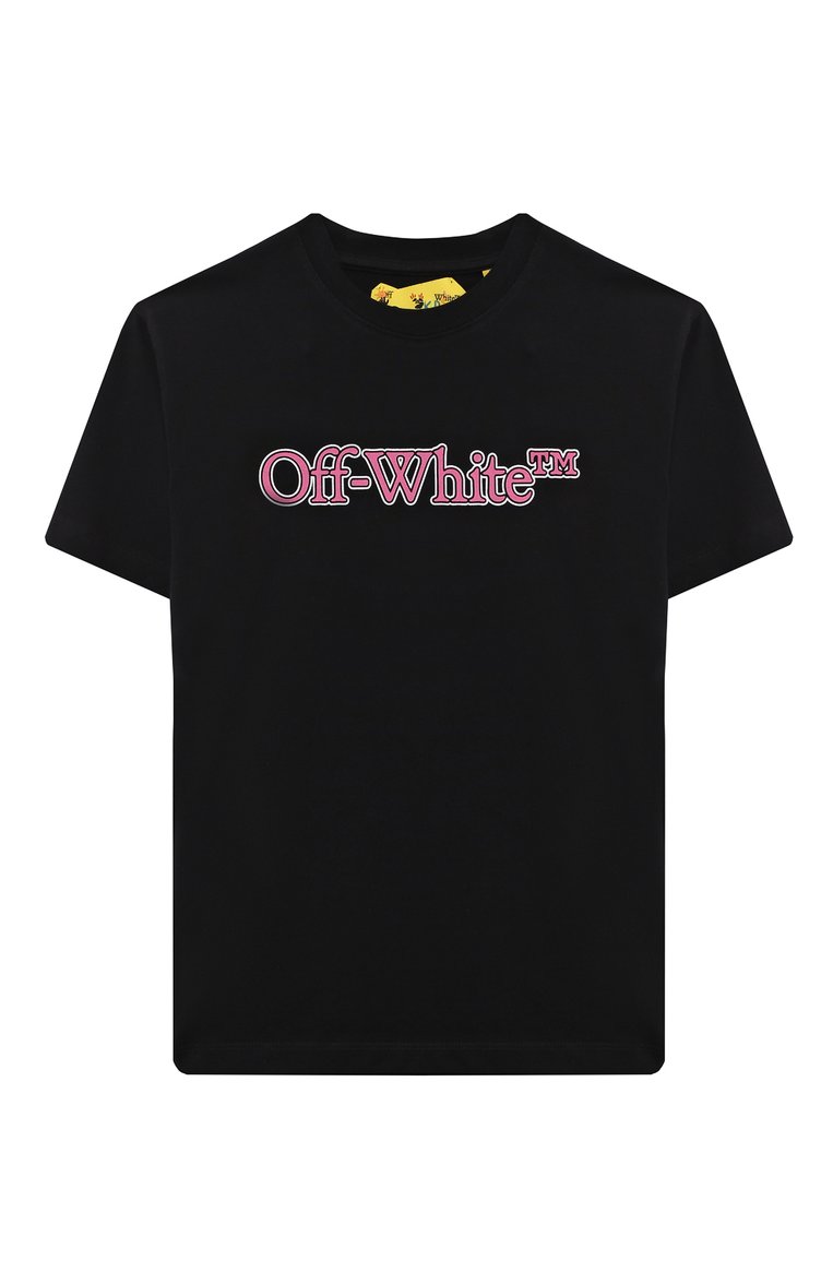 Детская хлопковая футболка OFF-WHITE черного цвета, арт. 0GAA001S24JER004/4-10 | Фото 1 (Материал внешний: Хлопок; Рукава: Короткие; Девочки Кросс-КТ: футболка-одежда; Ростовка одежда: 4 года | 104 см, 10 - 11 лет | 140 - 146см, 6 лет | 116 см, 8 лет | 128 см)