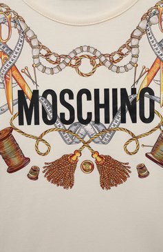 Детская хлопковая футболка MOSCHINO кремвого цвета, арт. HDM056/LBA11/10A-14A | Фото 3 (Девочки Кросс-КТ: футболка-одежда; Рукава: Короткие; Материал сплава: Проставлено; Материал внешний: Хлопок; Драгоценные камни: Проставлено)