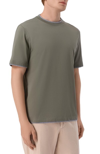 Хлопковая футболка BRUNELLO CUCINELLI хаки цвета по цене 55800 руб., арт. M0B137427W, фото 3 Хлопковая футболка BRUNELLO CUCINELLI, арт. M0B137427W, фото 3