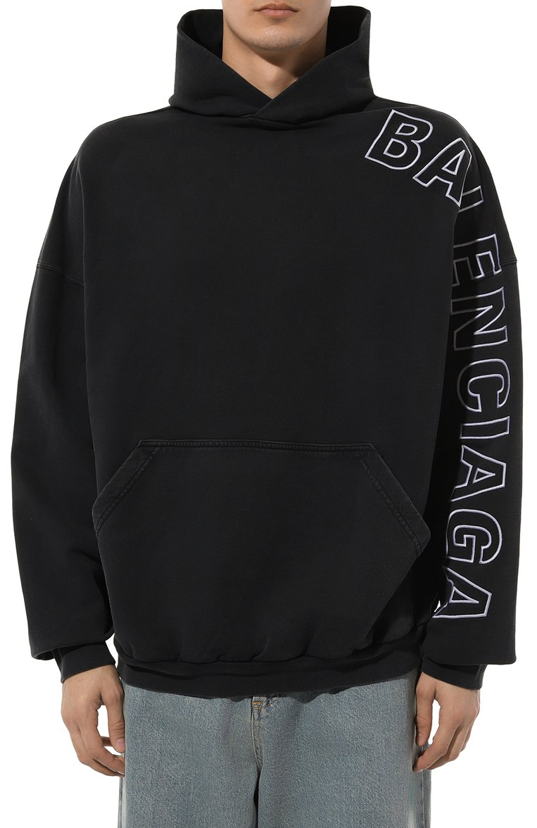 Мужской хлопковое худи BALENCIAGA черного цвета, арт. 739024/T0VV2 | Фото 3 (Рукава: Длинные; Материал внешний: Хлопок; Длина (для топов): Стандартные; Стили: Спорт-шик; Мужское Кросс-КТ: Худи-одежда; Принт: С принтом)