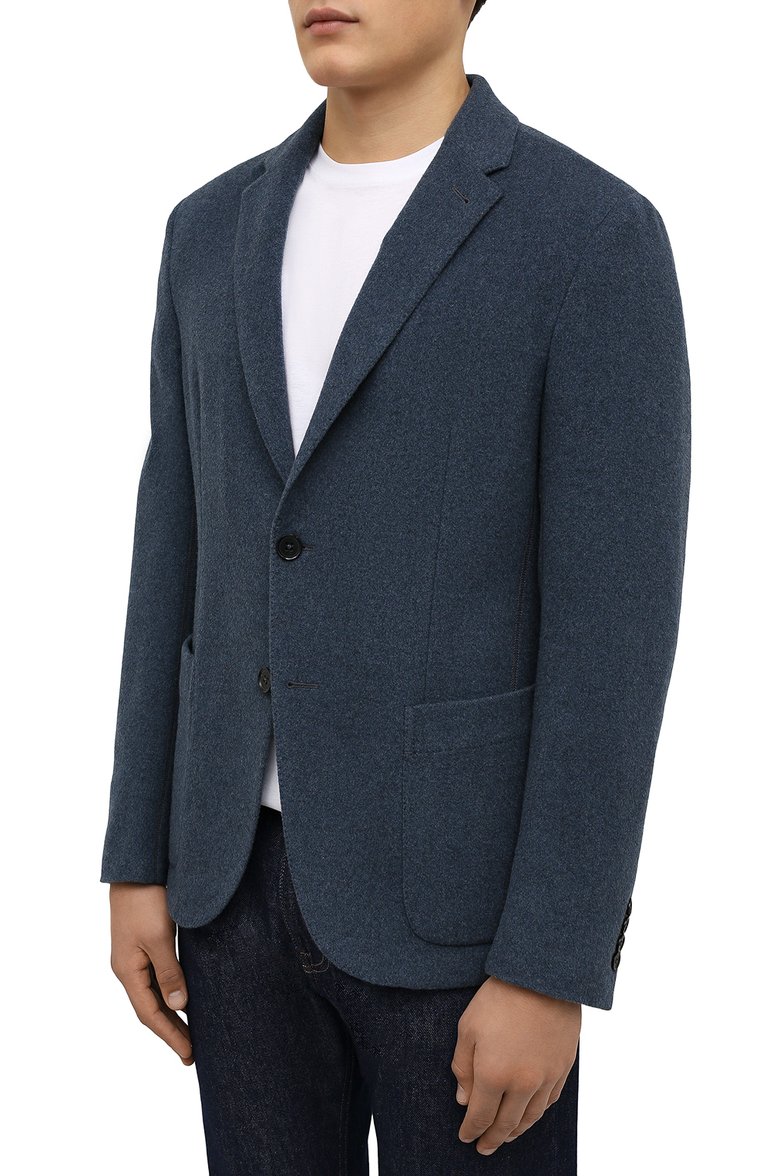 Мужской кашемировый пиджак ZEGNA синего цвета, арт. UYC06/SKF | Фото 3 (Длина (для топов): Стандартные; Материал внешний: Шерсть, Кашемир; Материал подклада: Синтетический материал; Рукава: Длинные; 1-2-бортные: Однобортные; Пиджаки М: Приталенный; Случай: Повседневный; Стили: Кэжуэл; Драгоценные камни: Проставлено; Материал сплава: Проставлено)