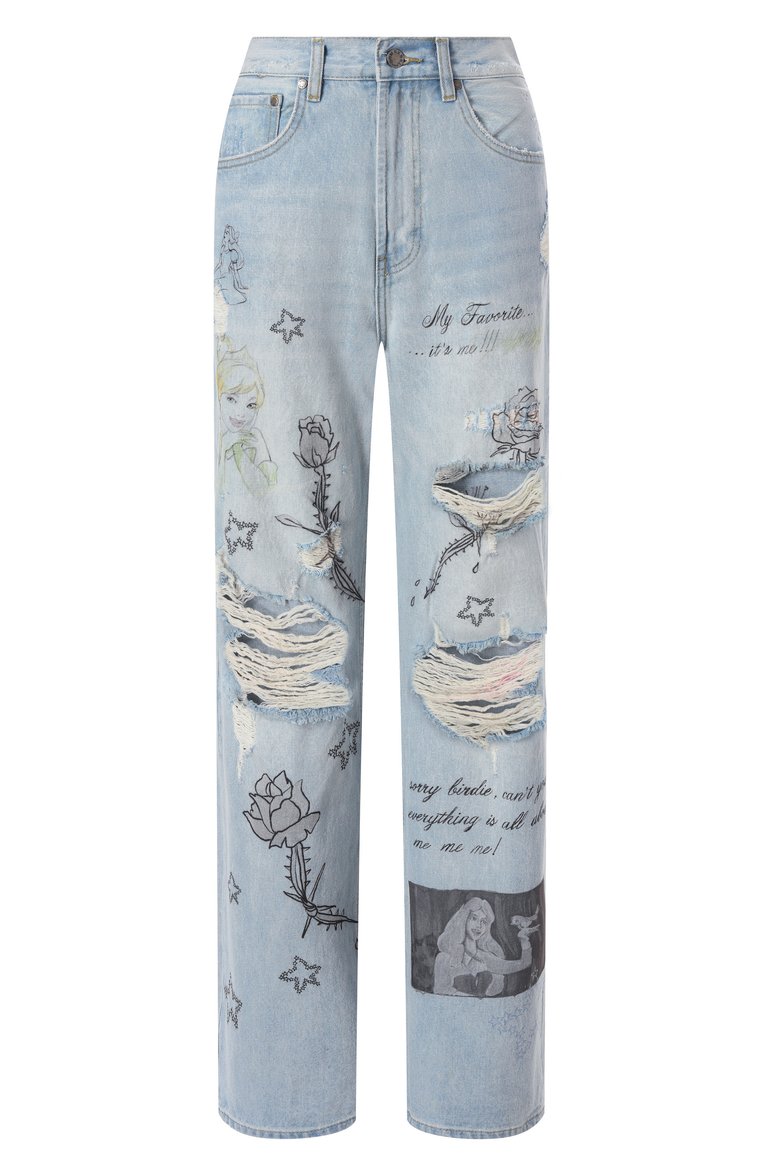 Женские джинсы DOMREBEL голубого цвета, арт. DIVA B00TCUT JEANS | Фото 1 (Длина (брюки, джинсы): Удлиненные; Материал внешний: Хлопок, Деним; Стили: Гранж; Силуэт Ж (брюки и джинсы): Прямые; Кросс-КТ: Деним; Детали: Принт, Потертости)