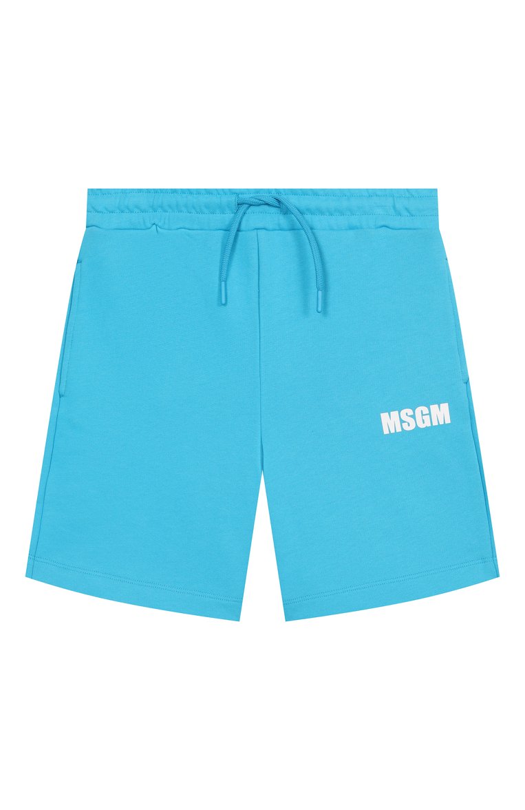 Детские хлопковые шорты MSGM KIDS бирюзового цвета, �арт. S5MSJUBE072 | Фото 1 (Материал внешний: Хлопок; Нос: Не проставлено; Случай: Повседневный; Мальчики Кросс-КТ: Шорты-спорт; Автоматизация состава: Проставлено; Ростовка одежда: 8 лет | 128 см, 6 лет | 116 см, 10 - 11 лет | 140 - 146см, 12 лет | 152 см, 16 лет | 164 см)