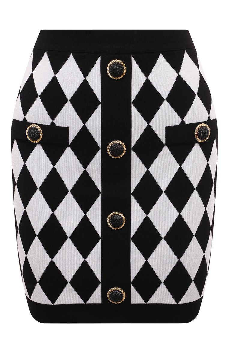Женская юбка из вискозы BALMAIN черно-белого цвета, арт. DF1LB292/KG66 | Фото 1 (Материал внешний: Вискоза; Длина Ж (юбки, платья, шорты): Мини; Кросс-КТ: Трикотаж; Стили: Гламурный)