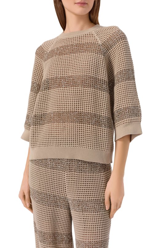 Хлопковый пуловер Brunello Cucinelli M58772800 Бежевый  M58772800 Фото 3