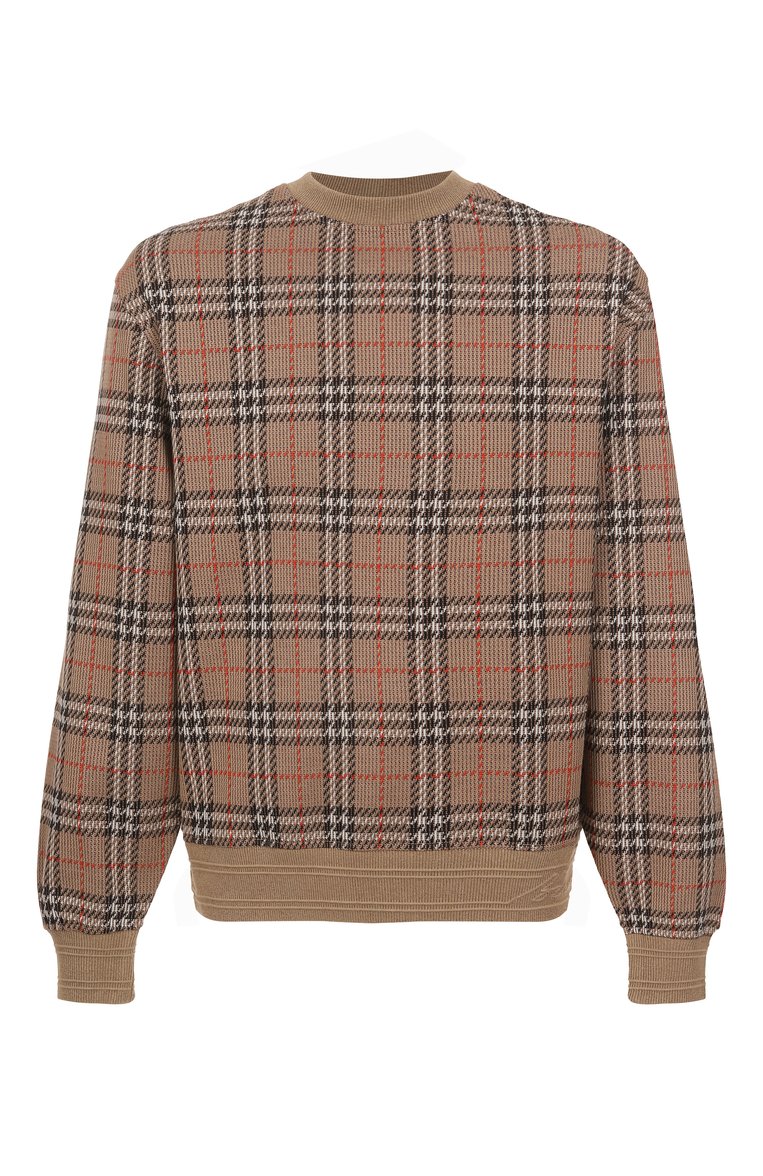 Мужской хлопковый джемпер BURBERRY бежевого цвета, арт. 8102882 | Фото 1 (Длина (для топов): Стандартные; Рука�ва: Длинные; Материал внешний: Хлопок, Синтетический материал; Вырез: Круглый; Принт: С принтом; Мужское Кросс-КТ: Джемперы; Стили: Кэжуэл)