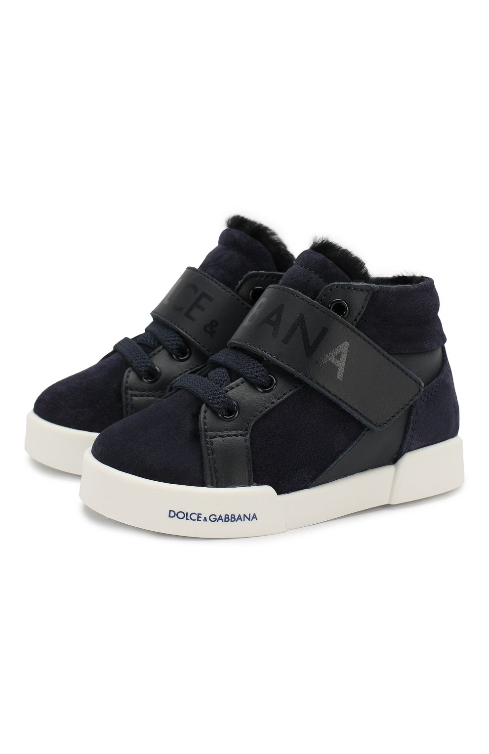 Кожаные кеды с меховой отделкой DOLCE & GABBANA темно-синего цвета по цене 19950 руб., арт. DN0121/A7174/19-28, фото 1 Кожаные кеды с меховой отделкой DOLCE & GABBANA, арт. DN0121/A7174/19-28, фото 1
