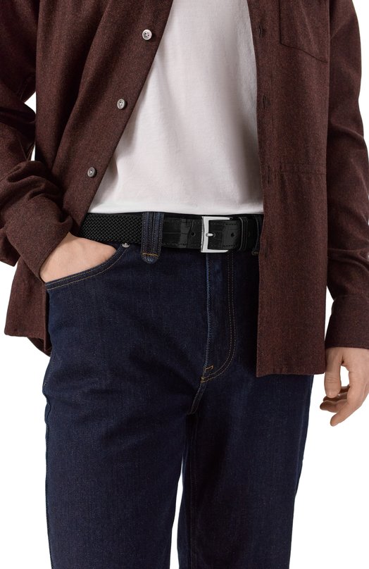 Текстильный ремень с отделкой  из кожи крокодила Kiton USC4336N0134004 Чёрный  USC4336N0134004 Фото 2
